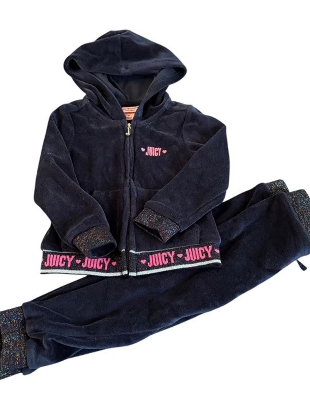 Juicy Couture Navy Velour Hoodie & Joggers with Pink Logo Trim NEVER WORN